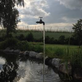 Teichbrunnen, Wasserhahn in der Luft aus Edelstahl — Michael Krauss Wasserspiele